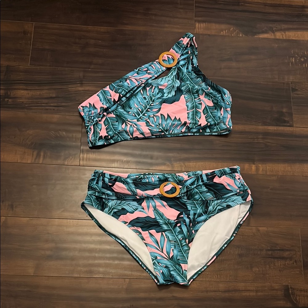 SHEIN Tropical Leaf Print Bikini - Pink and Green